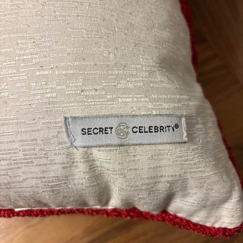 Secret Celebrity Christmas Cream Throw Pillow Red Deer Green Tree 14x14